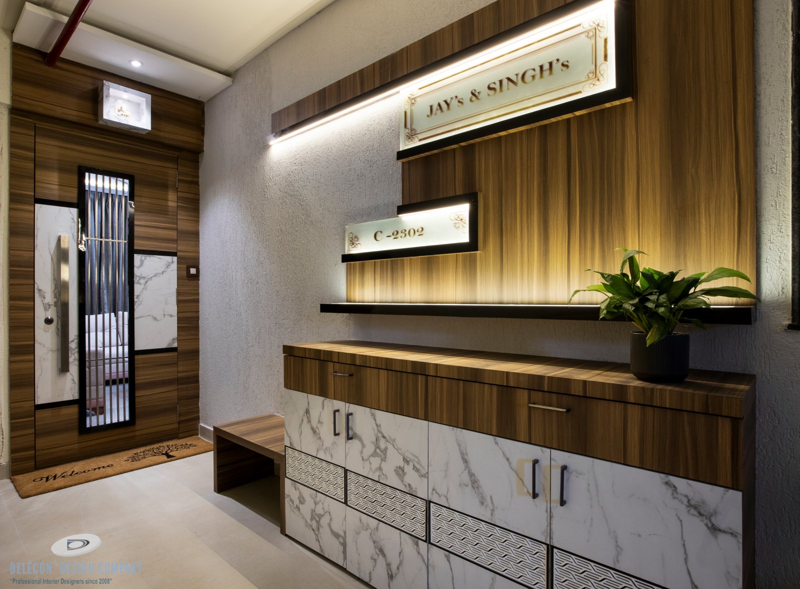 Entrance lobby view with storage and panelling in Kharghar