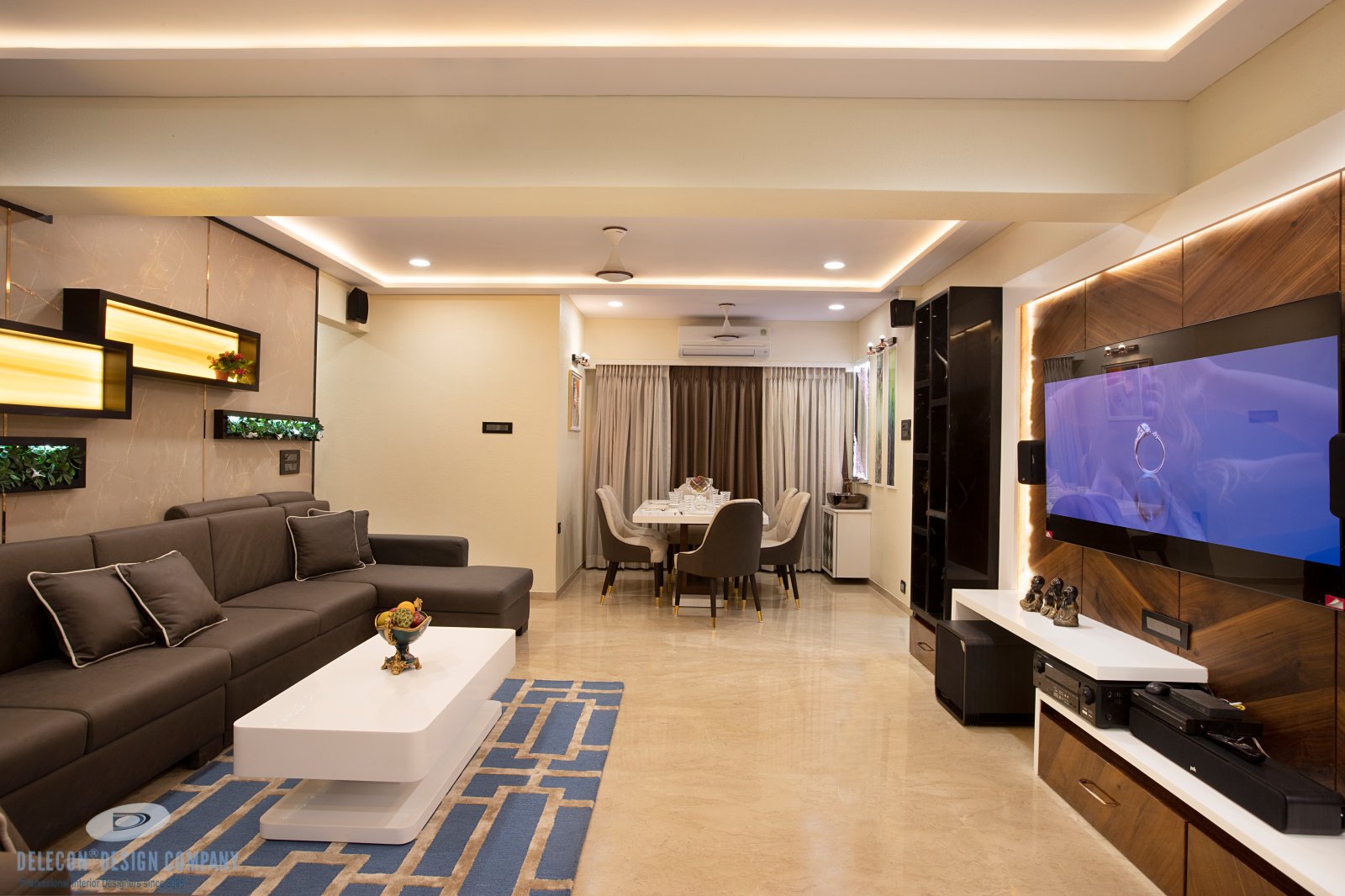 Living room panelling detail with veneer and Corian