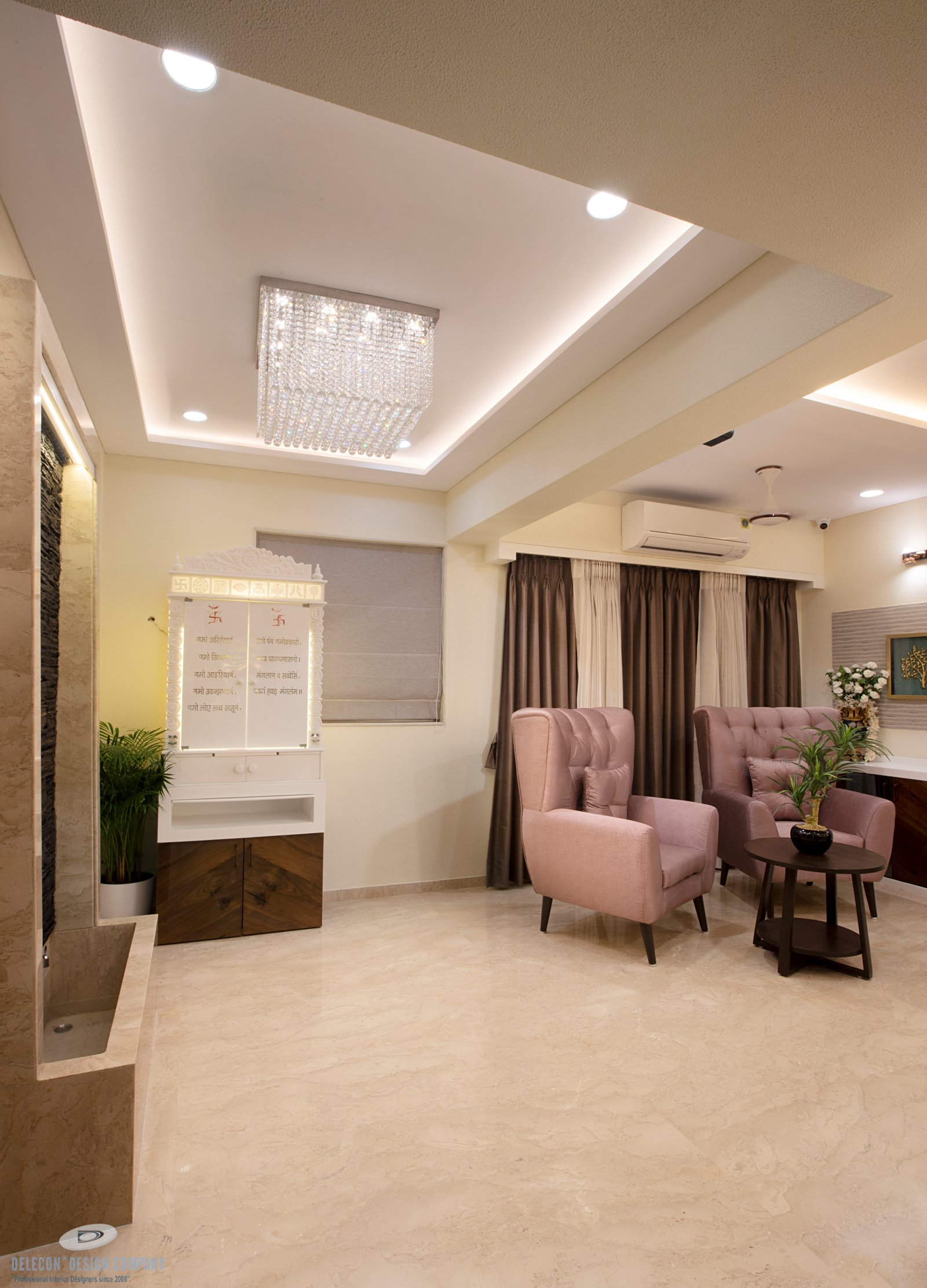 Close-up of Corian home temple with soft lighting