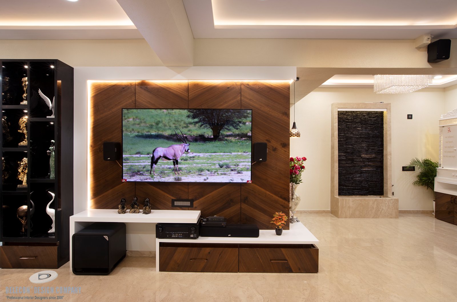 TV unit design with Corian and veneer in living room