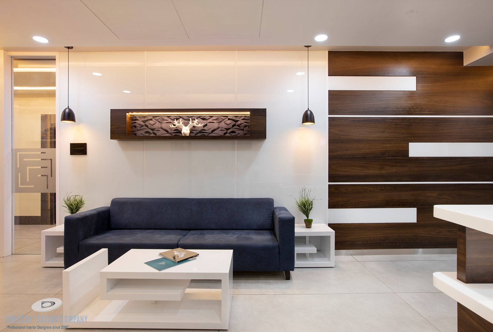 Reception lobby side angle with illuminated counter